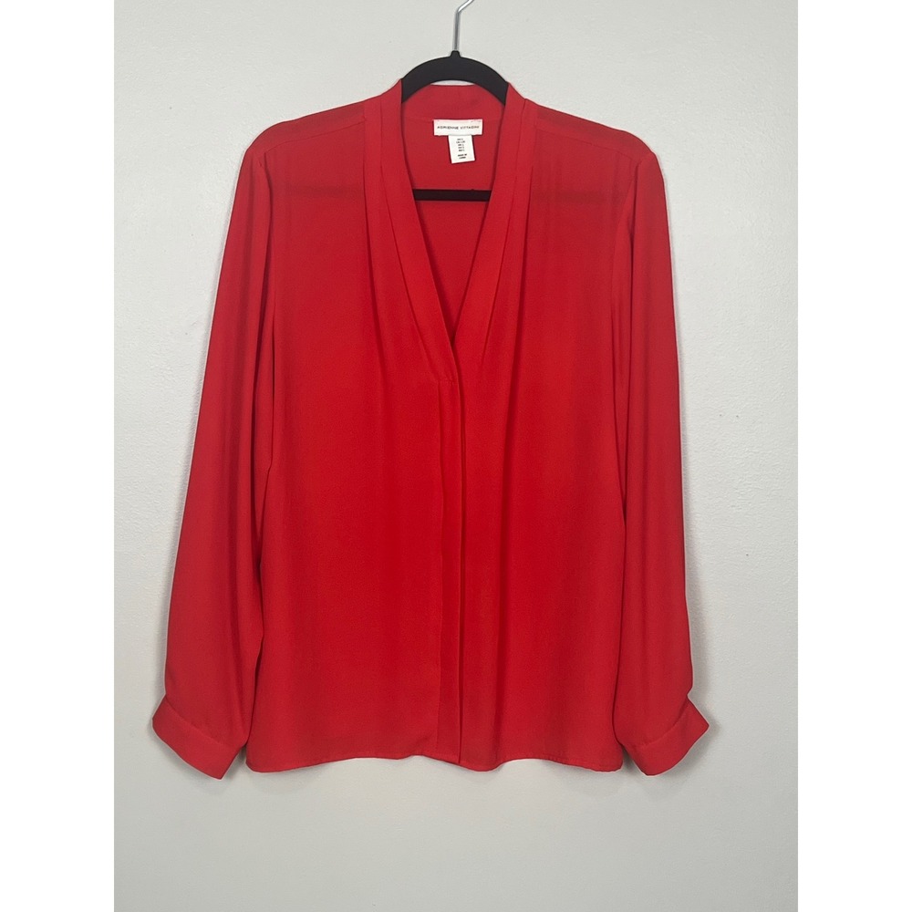 Adrienne Vittadini Red V-Neck Long Sleeve Blouse Pleated Collar Size Large